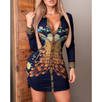 Women Fashion Elegant Casual Long Sleeve Mini Phoenix Print Button Design Sides Slit Shirt Dress